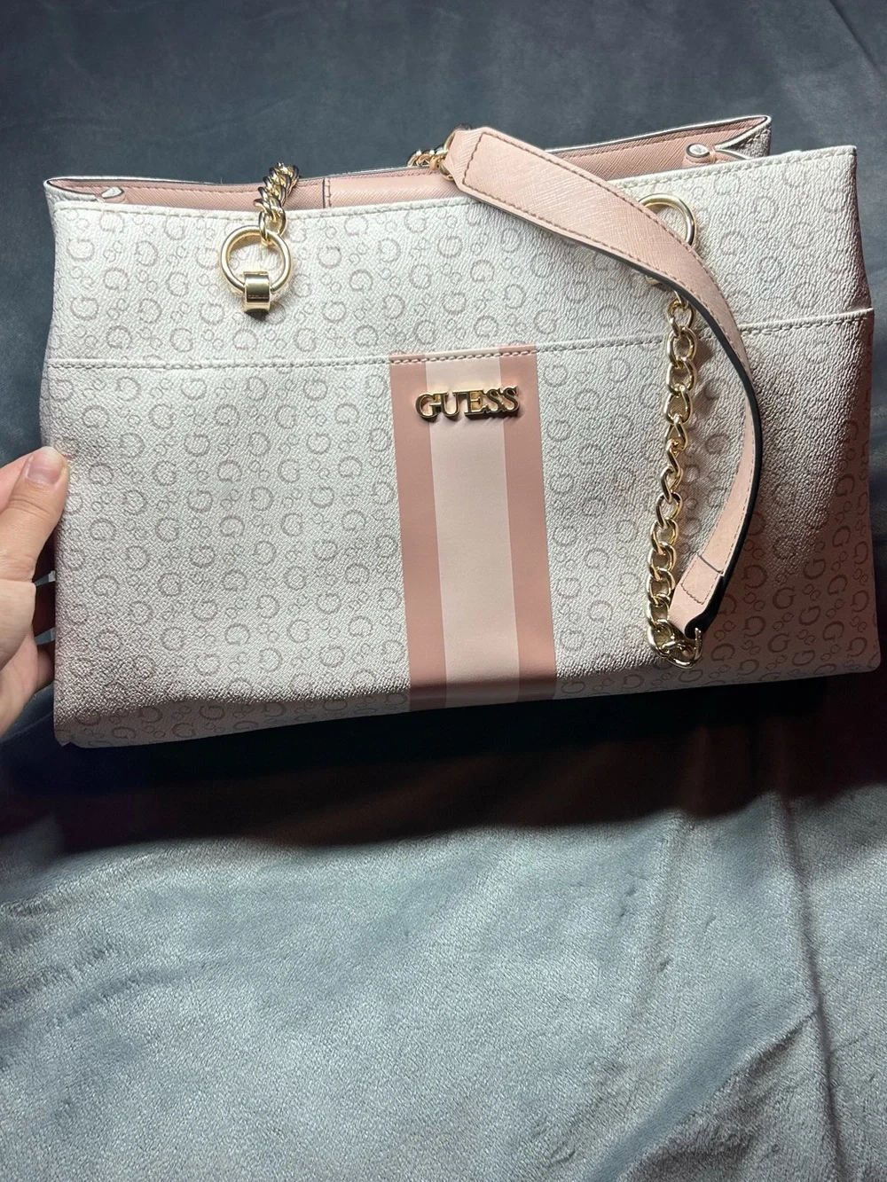 GUESS Cream and Pink Logo Stripe Shoulder Tote